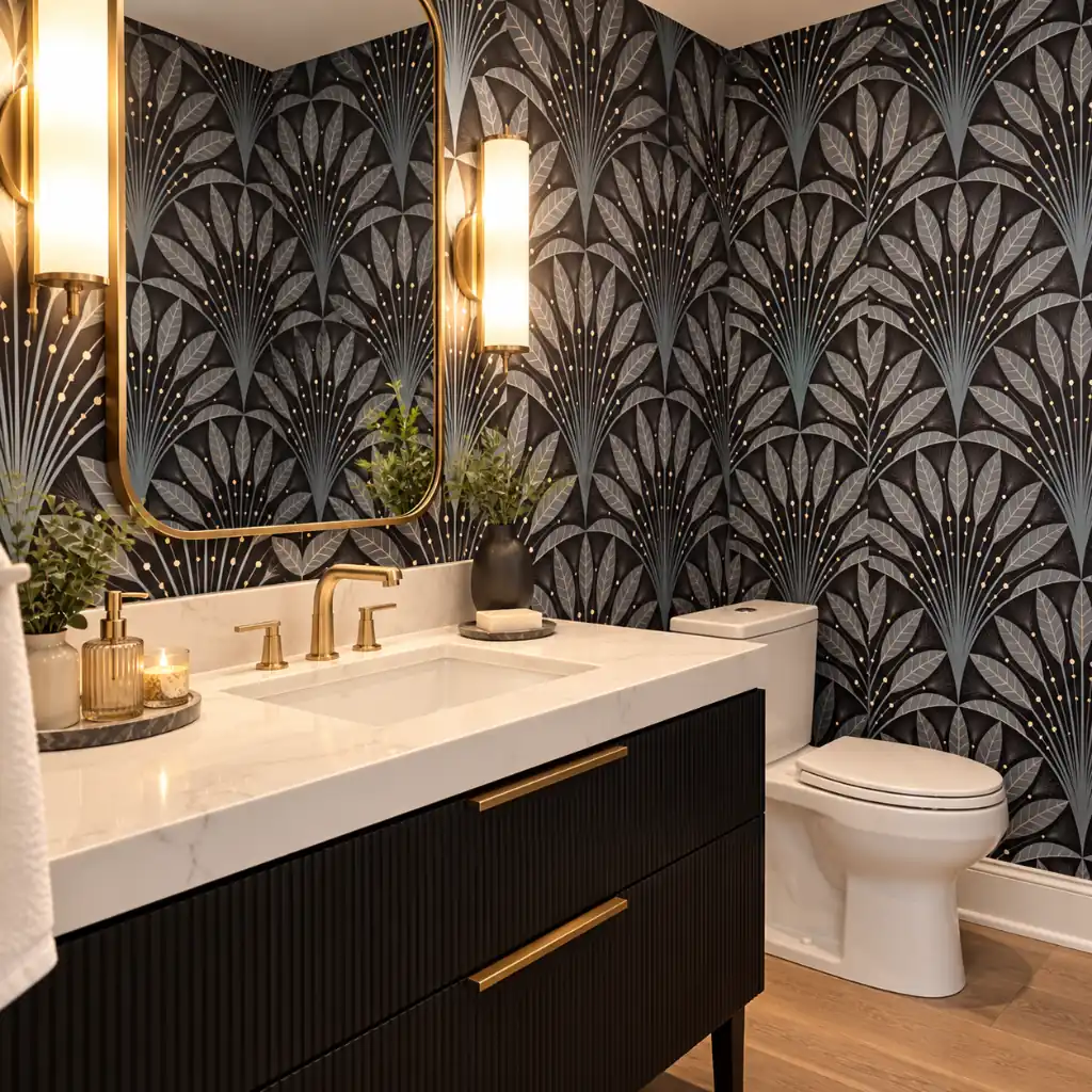 Art deco leaf fan wallpaper in a Dubai living room