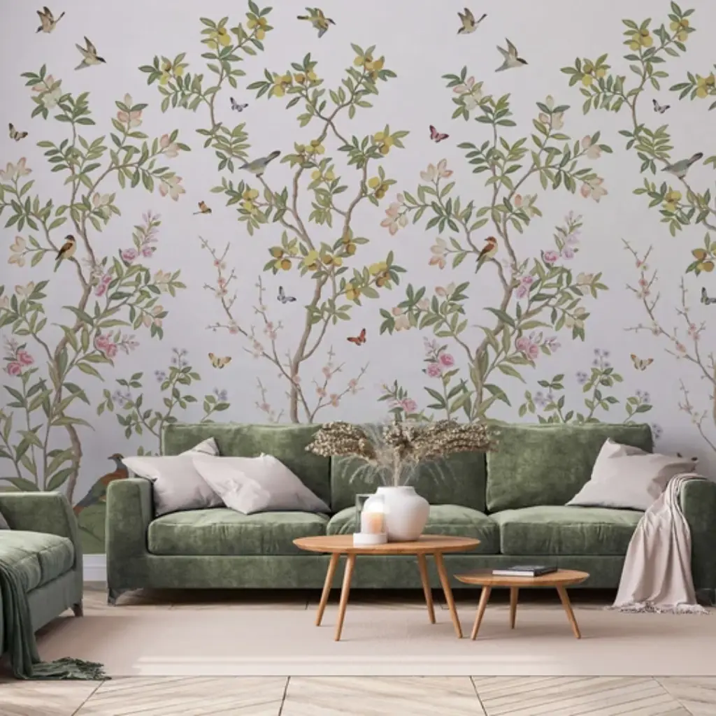 Chinoiserie tree wallpaper mural with soft blossoms in a Dubai home