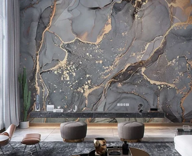 Custom marble wallpaper enhancing a Dubai interior