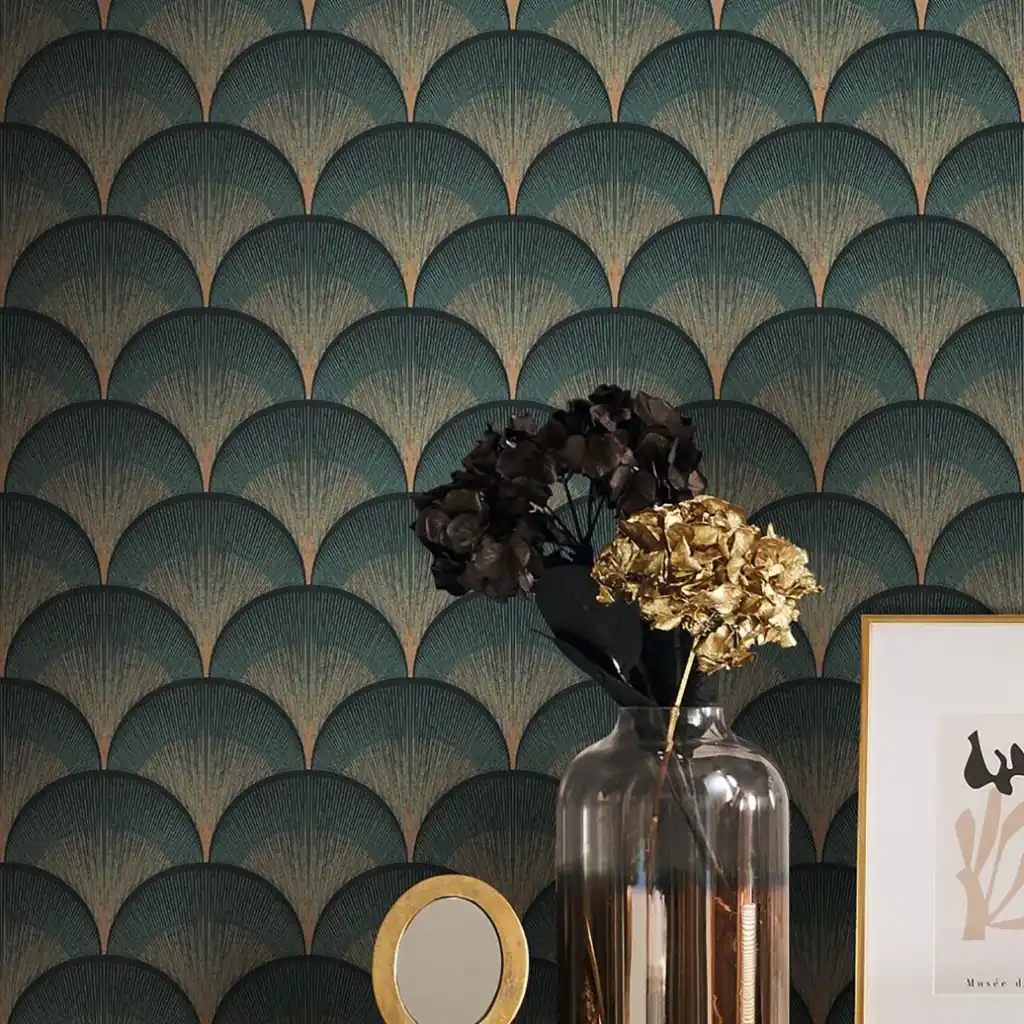Shimmering green wallpaper finish on a Dubai feature wall