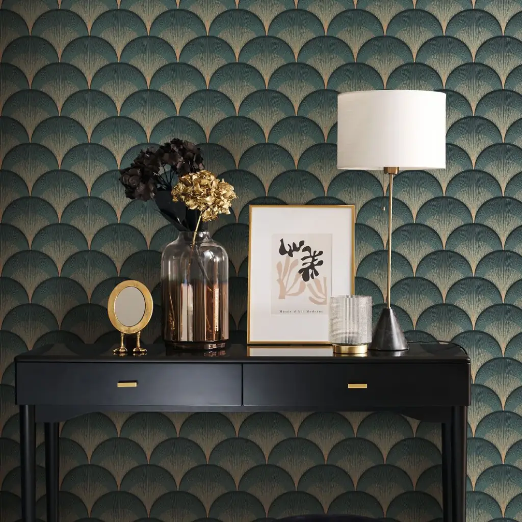 Green shimmer wallpaper installed in a Dubai home