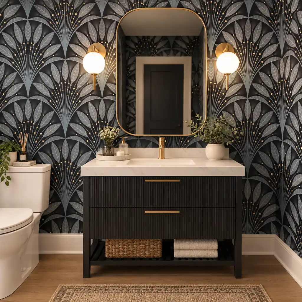 Leaf fan pattern wallpaper styled on a Dubai feature wall