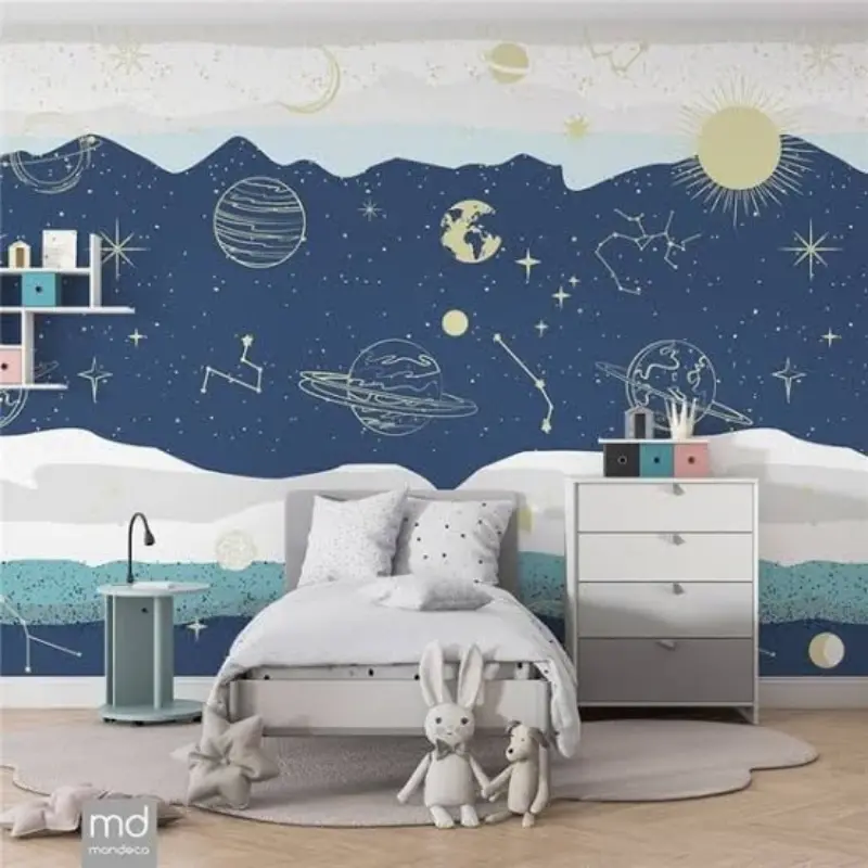 Pastel cloud and star baby room wallpaper