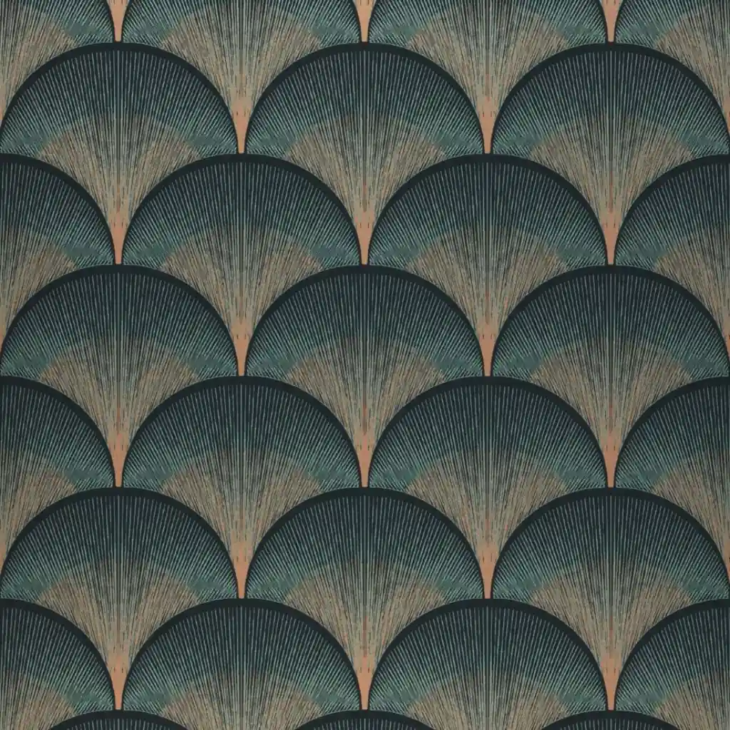 Green shimmer wallpaper styled in a Dubai living room