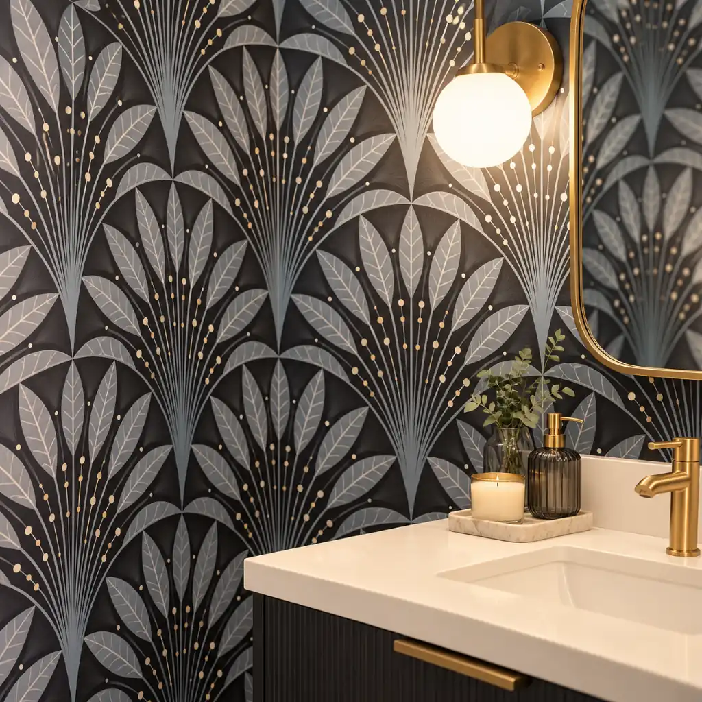 Luxury leaf fan wallpaper finish in a Dubai bedroom