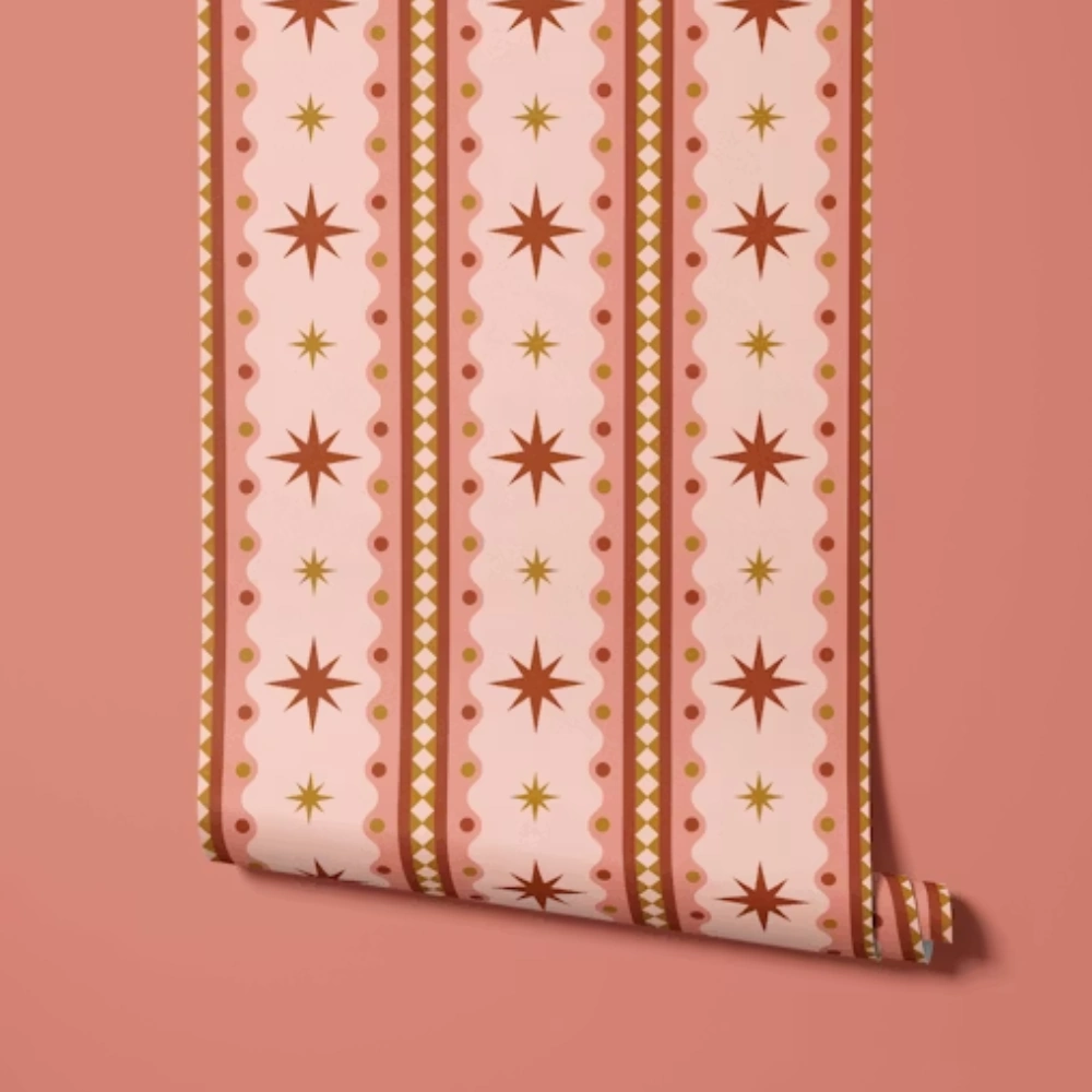 Starburst stripe wallpaper styled in a Dubai living space