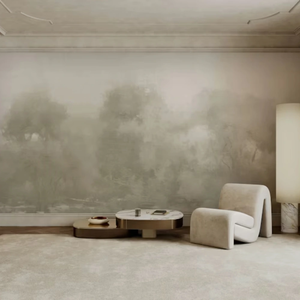 Vintage forest wallpaper styled in a Dubai living space