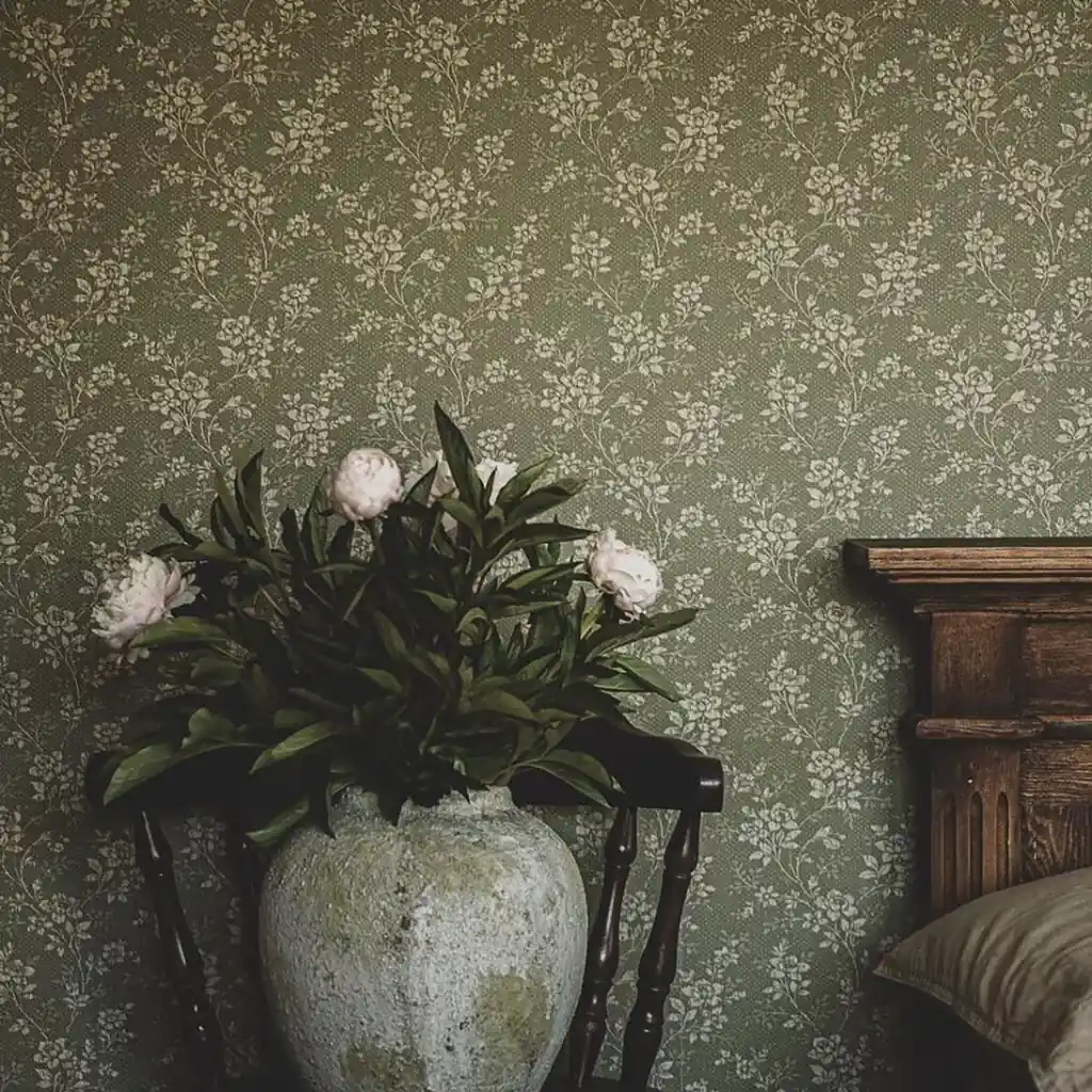 Green floral reed pattern wallpaper on a Dubai feature wall