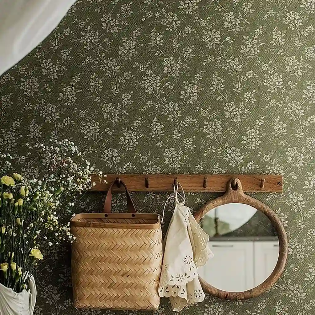 Reed green floral wallpaper installed in a Dubai home