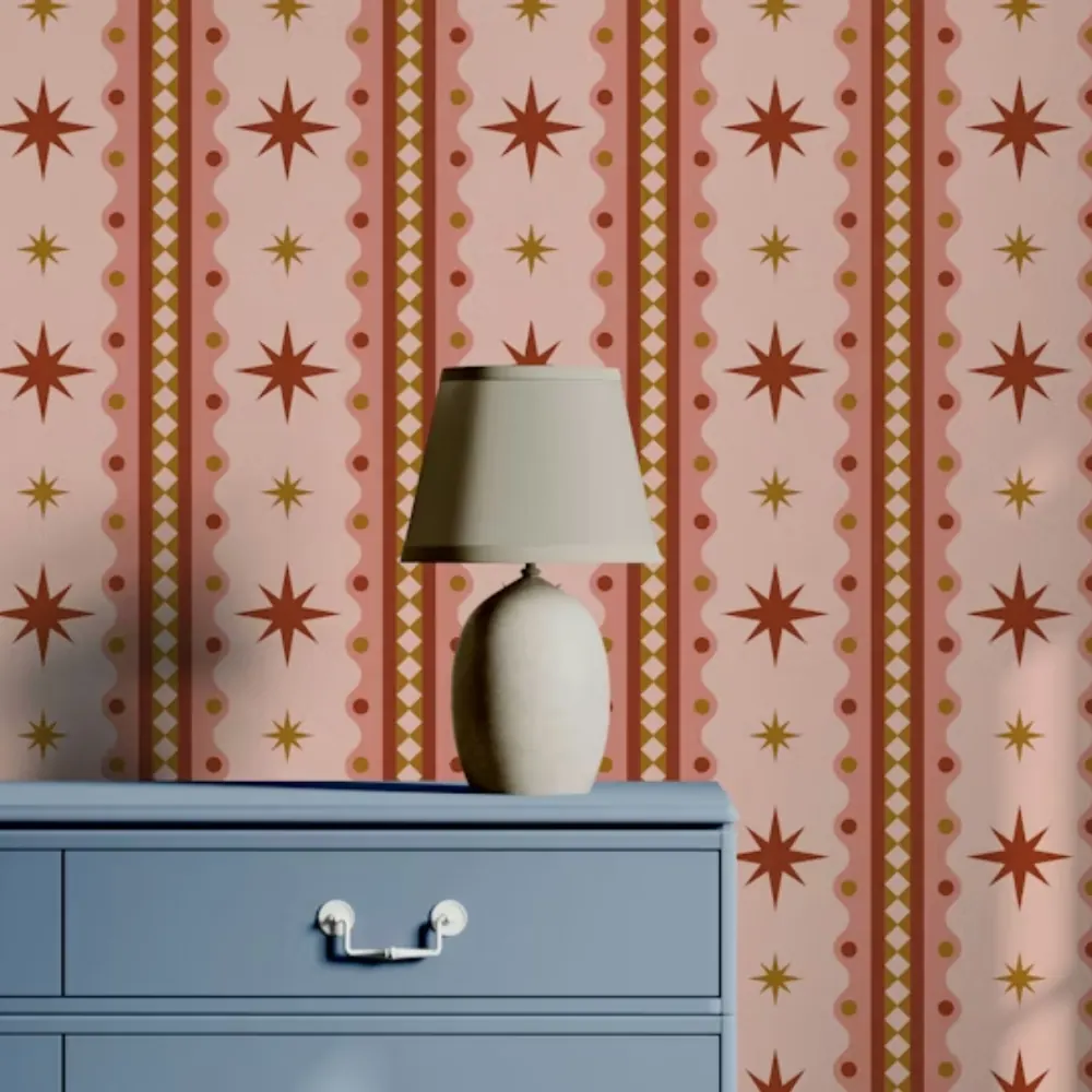 Striped starburst wallpaper pattern on a Dubai feature wall