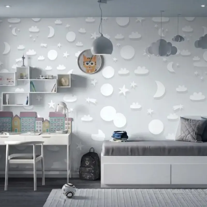 Striped wallpaper in shared kids bedroom