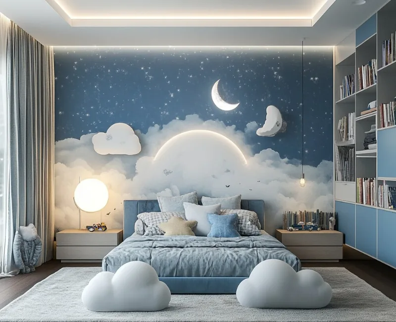 Patterned boys wallpaper styled on a Dubai bedroom wall