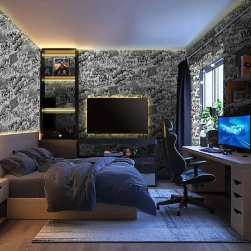 Adventure themed wallpaper installed in a Dubai boys room