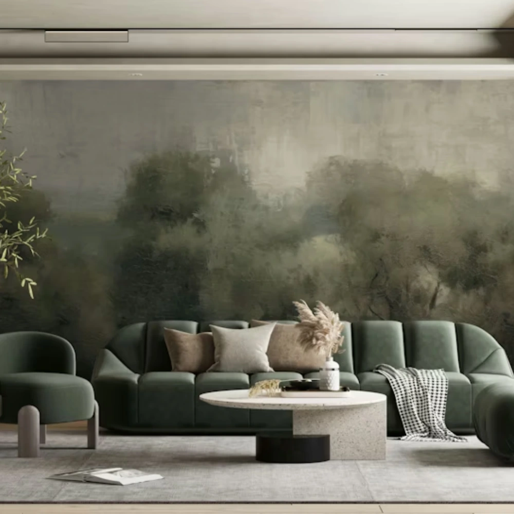Forest pattern wallpaper on a vintage-style Dubai feature wall
